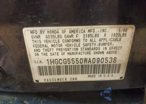 1998 Honda Accord Ex z USA, uszkodzony, nr VIN 1HGCG5550WA090538